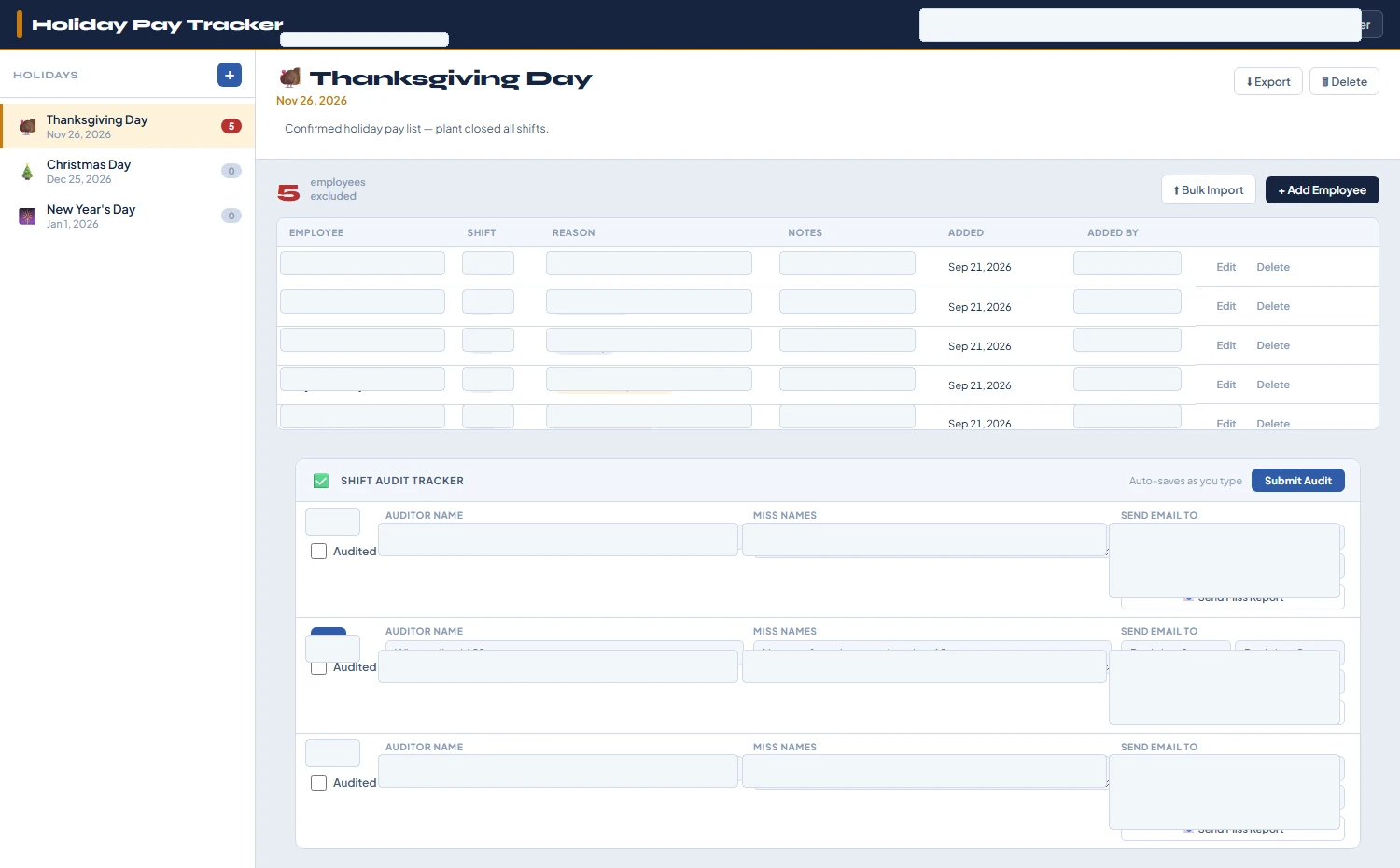 Sanitized screenshot of the Holiday Pay Tracker