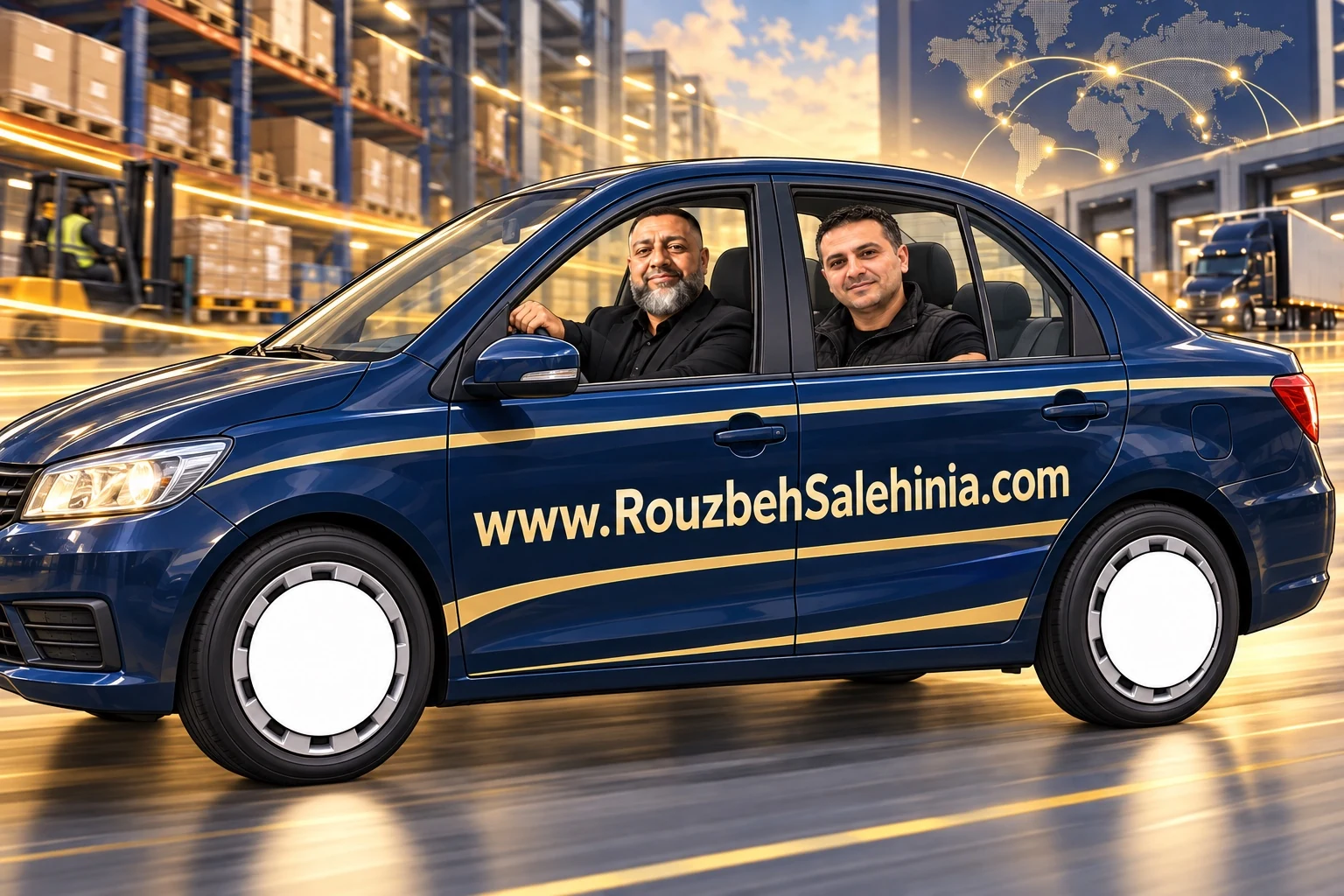 Rouzbeh and Reza driving through a logistics setting